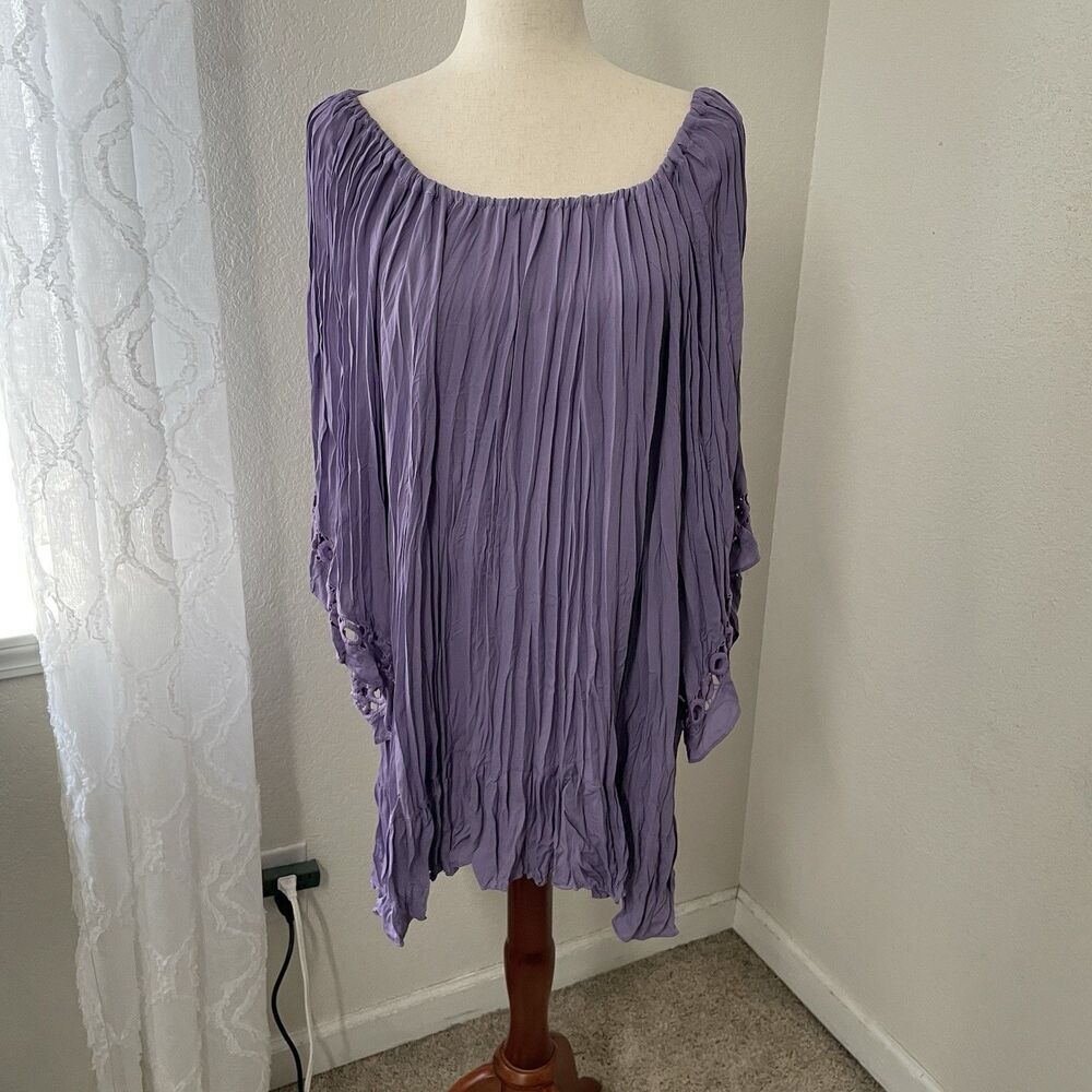Catherines Womens 1x Short Sleeve Blouse Crochet Lavender Crinkle Boho Peasant